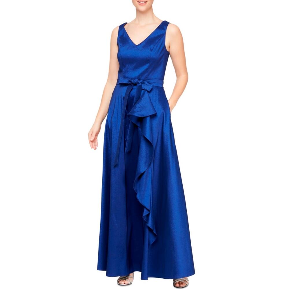 Alex Evenings Blue Evening Gown Ruffled Sleeveless A-Line Formal Dress Size 4